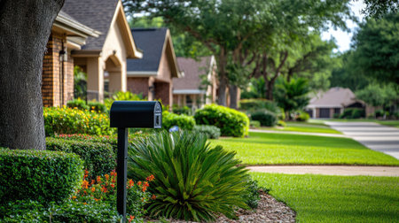 A row of suburban houses with a black mailbox standing in the foreground, surrounded by lush greenery.の素材