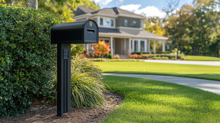 A modern black mailbox near the sidewalk, with a beautiful suburban home and well-manicured lawn in the background.の素材