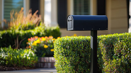 A stylish black mailbox near the entrance of a home, surrounded by a neatly trimmed hedge and flower garden.の素材