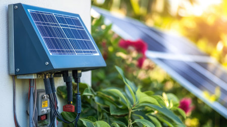 A residential solar inverter system with an electrical meter box, capturing sunlight from nearby solar panels.の素材
