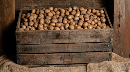 A small wooden crate filled with baby potatoes, arranged neatly on a burlap cloth.の素材