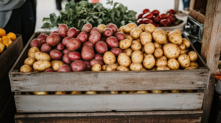 A wooden box overflowing with fresh, organic potatoes, displayed at a farmer's market stand.の素材
