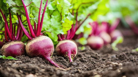 A rustic scene of fresh beetroots lying on garden soil, with their vibrant leaves creating a beautiful contrast.の素材