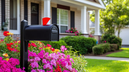 A traditional black mailbox with a red flag up, surrounded by colorful flowers in front of a suburban house.の素材