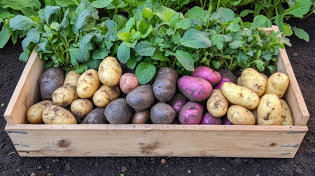 A top-down view of a wooden box filled with assorted potatoes, some still covered in fresh dirt.の素材