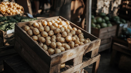 A wooden box overflowing with fresh, organic potatoes, displayed at a farmer's market stand.の素材