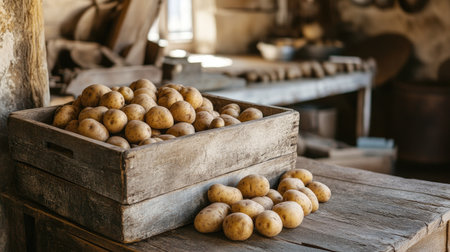 A rustic kitchen scene with a wooden box of fresh potatoes, some spilling onto a wooden countertop.の素材