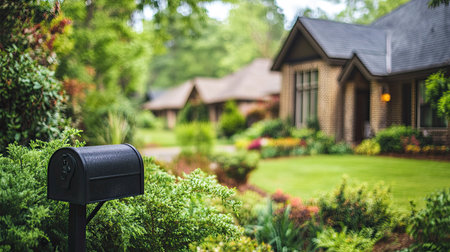 A row of suburban houses with a black mailbox standing in the foreground, surrounded by lush greenery.の素材