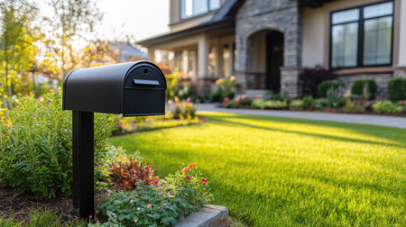 A well-designed black mailbox standing near a lush green front yard, with a house entrance visible in the distance.の素材
