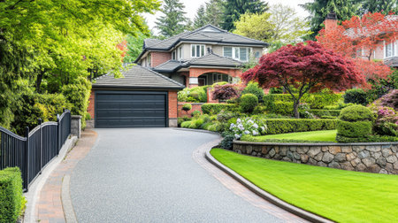 A suburban home with an anthracite fence, sliding gate, and a decorative slab driveway leading to the garage.の素材