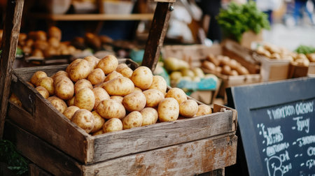 A wooden box overflowing with fresh, organic potatoes, displayed at a farmer's market stand.の素材