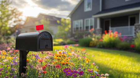 A traditional black mailbox with a red flag up, surrounded by colorful flowers in front of a suburban house.の素材
