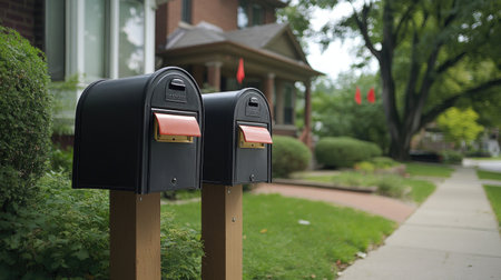 Black and brown mailboxes side by side with red flags, set against a backdrop of a classic suburban house.の素材