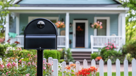 Traditional black mailbox with a curved top, standing in front of a classic suburban house with a white fence.の素材