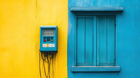 Residential house with a professionally installed solar inverter and electrical meter box on an exterior wall.の素材