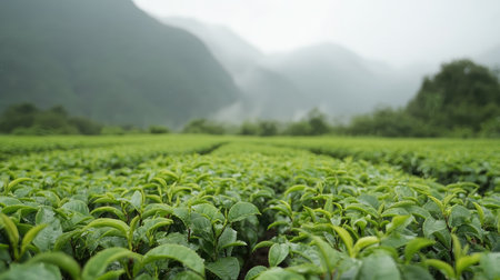 Rows of tea plants covered in morning dew, with soft mist in the background of a mountain farm.の素材