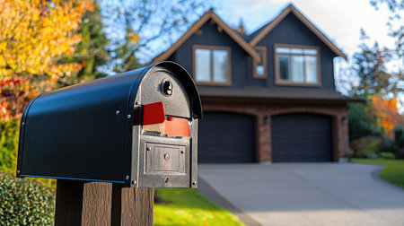 Modern black and brown mailboxes with red flags, mounted on a post, with a suburban house visible in the background.の素材