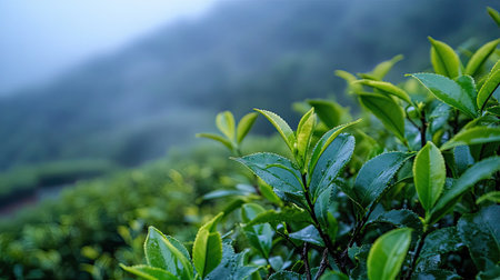 Close-up of Camellia sinensis leaves with soft focus on a misty mountain tea plantation.の素材