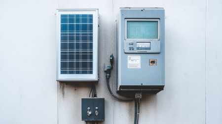Side of a modern house with a solar inverter and utility meter box, optimizing renewable energy usage.の素材