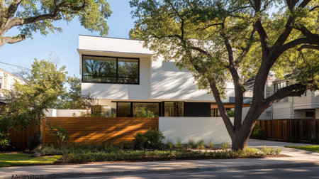 Modern white home with a striking wooden-style fence, surrounded by trees and a well-kept front yard.の素材