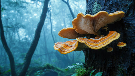 A close-up of Reishi mushrooms growing in pairs, attached to a tree trunk deep in a misty woodland.の素材