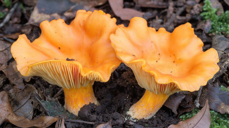 Chanterelle mushrooms in a misty forest setting, with soft-focus background and earthy tones.の素材
