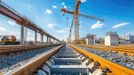 Construction of high-speed rail tracks, with cranes and machinery placing massive concrete segments under blue skies.の素材