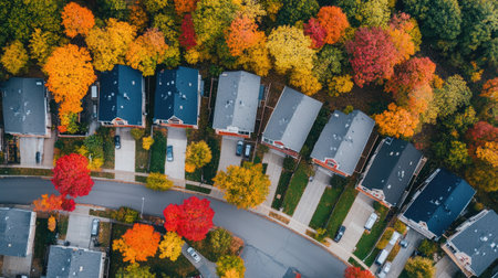 Aerial shot of modern townhouses with private terraces, nestled in an eco-friendly neighborhood with fall colors.の素材