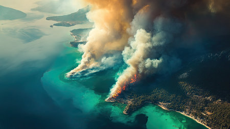 Aerial view of a wildfire spreading near Marmaris, thick smoke visible over the turquoise sea.の素材