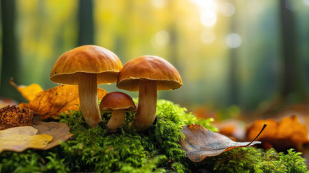 Boletus mushrooms sprouting from lush green moss, surrounded by soft forest light and fallen leaves.の素材