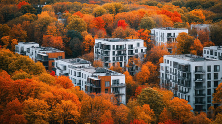 Aerial shot of modern apartments with private balconies, positioned near a forest with vibrant autumn colors.の素材