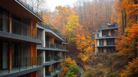 Contemporary apartments with sleek balconies and glass facades, surrounded by colorful autumn trees in a natural setting.の素材