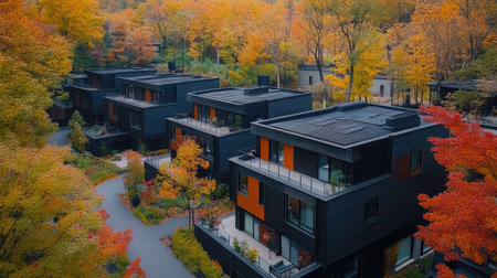 Aerial shot of modern townhouses with private terraces, nestled in an eco-friendly neighborhood with fall colors.の素材
