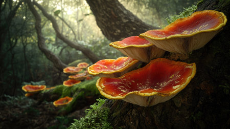 Close-up of glossy red Reishi mushrooms, growing along a thick, mossy tree limb in a dense forest.の素材