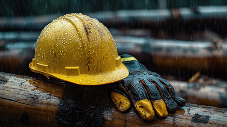 Close-up of work gear after the rain, showing water droplets on a hard hat and gloves resting on soaked wood.の素材