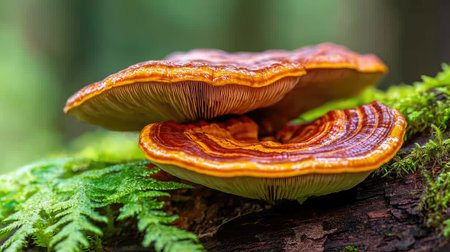 Close-up of vibrant red Reishi mushrooms sprouting from tree bark, surrounded by lush green foliage.の素材