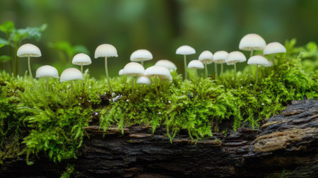 Close-up of tiny, delicate mushrooms growing on an old log, their white caps standing out against the deep green moss.の素材