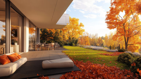 Contemporary apartments with wide glass balconies, offering a spectacular autumn forest view in a suburban setting.の素材