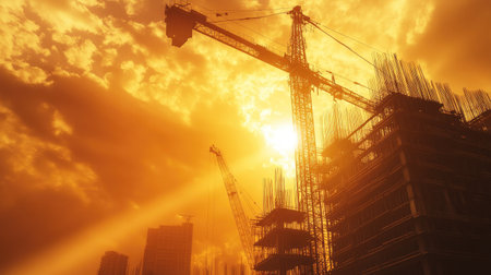 Crane lifting heavy materials, with golden sunlight reflecting off the steel beams of the construction site.の素材