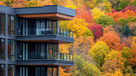 Contemporary apartments with sleek balconies and glass facades, surrounded by colorful autumn trees in a natural setting.の素材