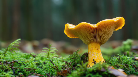Foraged chanterelle mushroom still growing in its natural habitat, waiting to be picked.の素材