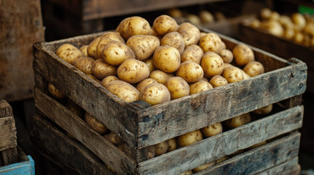 A wooden crate stacked with freshly dug potatoes, sitting on a farmer's market stall.の素材