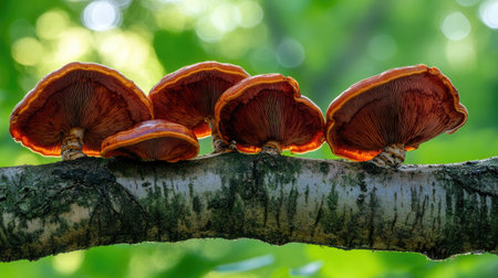 Fresh Reishi mushrooms attached to an old tree branch, with delicate textures highlighted by dappled sunlight.の素材