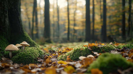 Moss-covered forest floor dotted with Boletus mushrooms, creating a peaceful autumn scene.の素材