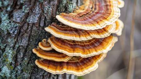Close-up of a Reishi mushroom colony growing on a tree, revealing the delicate layers and rich colors of this medicinal fungi.の素材