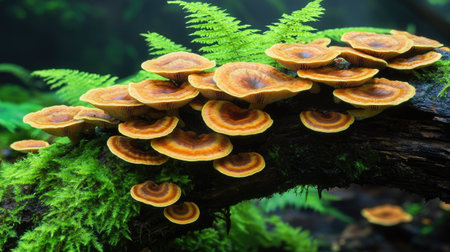 Cluster of Reishi mushrooms growing on a decaying tree branch, surrounded by ferns and moss.の素材