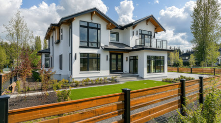 Elegant contemporary white home with large windows, a wooden-style fence, and a peaceful natural landscape.の素材