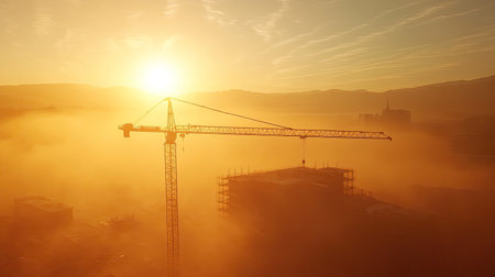 Construction site with a towering crane, surrounded by dust and illuminated by warm afternoon sunlight.の素材