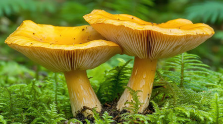 Lone chanterelle mushroom among green moss and ferns, capturing the essence of wild foraging.の素材