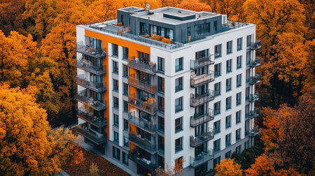 Aerial view of a modern residential building, featuring balconies and large windows near a colorful autumn forest.の素材